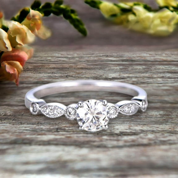 1.50 Carat Art Deco Style Round Moissanite Diamond Ring on 10k White Gold Vintage Style