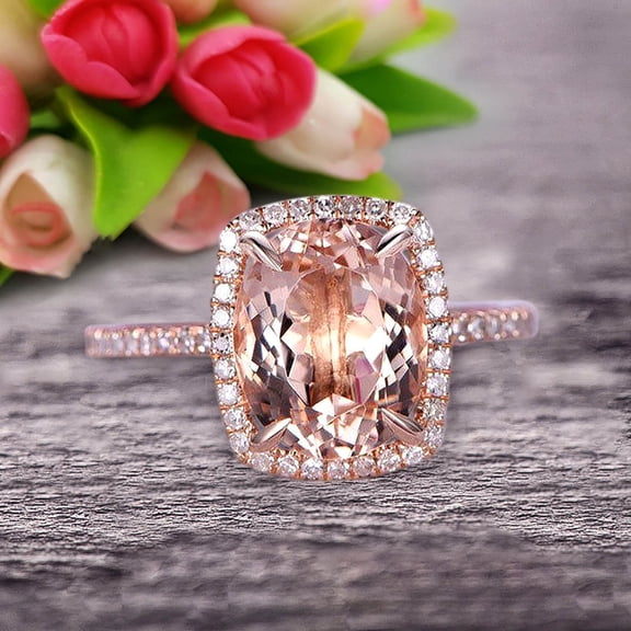 1.50 Carat Big Morganite Engagement Ring Wedding Ring In 10K Rose Gold Halo Design Art Deco Personalized For Brides