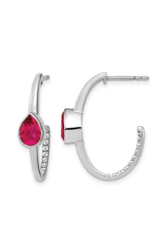 1.50 Carat (Ctw) Lab Created Ruby and Diamonds 1/6 Carat (Ctw) J-Hoop Earrings in 14K White Gold