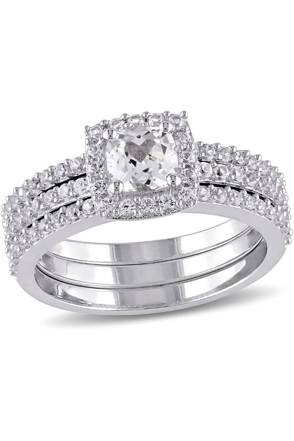 1.50 Carat (Ctw) Lab-Created White Sapphire Halo Bridal Engagement Ring and Band Set In Sterling Silver