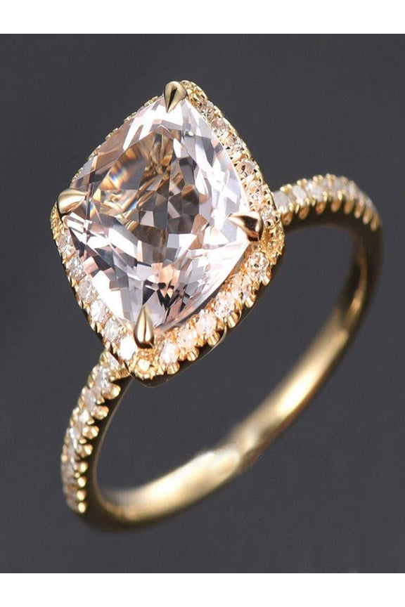 1.50 Carat Cushion Cut Peach Pink Morganite and Diamond Halo Engagement Ring in 10k Yellow Gold for Women on Sale