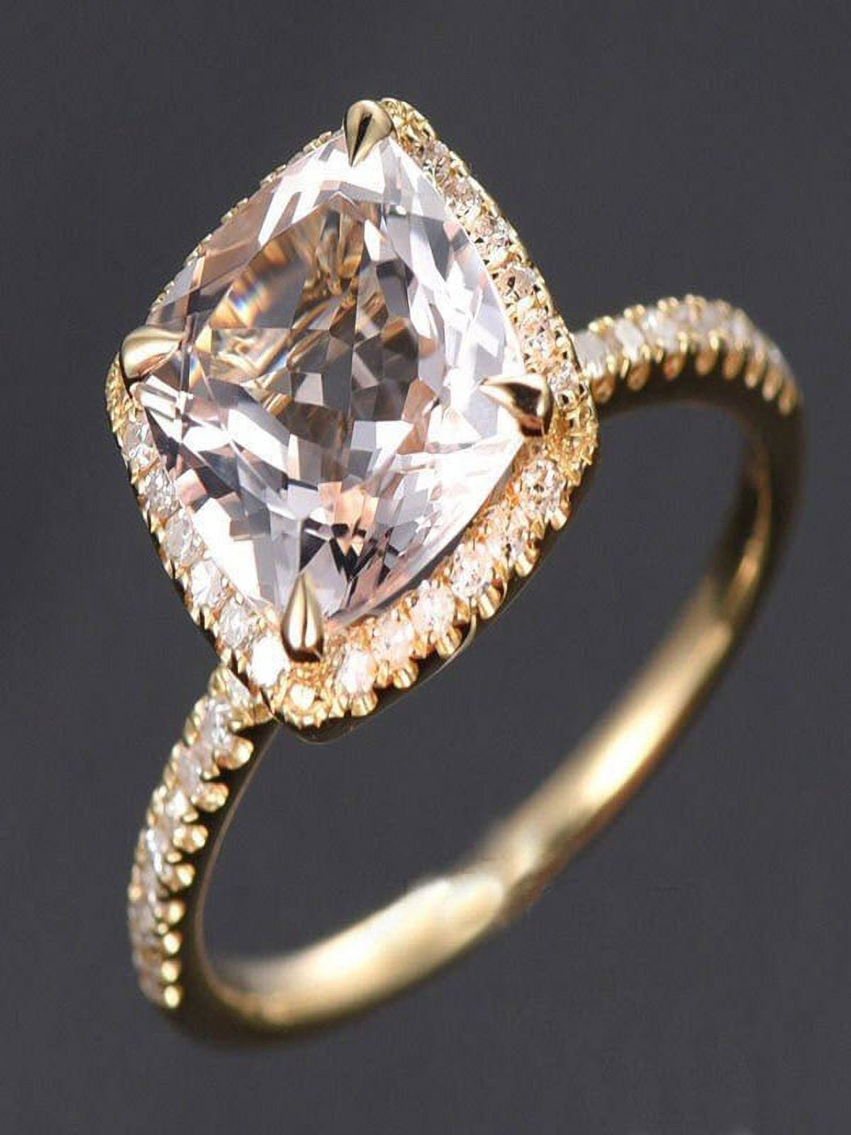 1.50 Carat Cushion Cut Peach Pink Morganite and Diamond Halo Engagement Ring in 10k Yellow Gold for Women on Sale