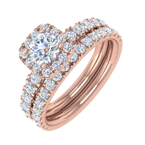 1.50 Carat Cushion Cut Prong Set Diamond Bridal Ring Set in 14K Rose Gold - IGI Certified (Ring Size 7)