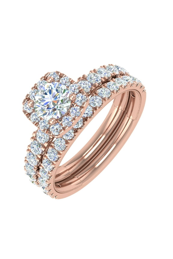 1.50 Carat Cushion Cut Prong Set Diamond Bridal Ring Set in 14K Rose Gold - IGI Certified (Ring Size 7)