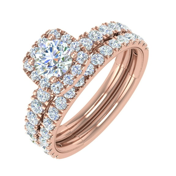 1.50 Carat Cushion Cut Prong Set Diamond Bridal Ring Set in 14K Rose Gold (Ring Size 11) (I1-I2 Clarity)