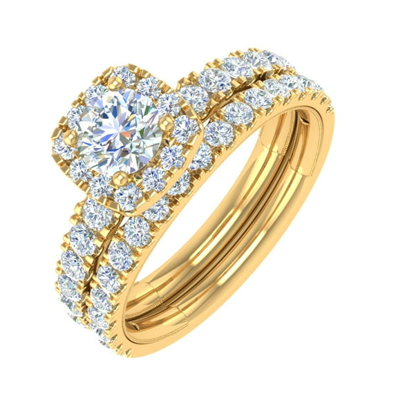 1.50 Carat Cushion Cut Prong Set Diamond Bridal Ring Set in 14K Yellow Gold (Ring Size 8.5)