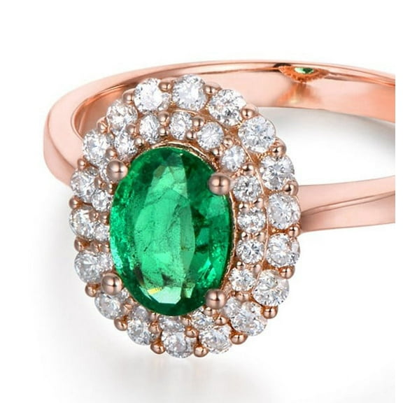 1.50 Carat Double Halo Emerald and Diamond Engagement Ring in Rose Gold