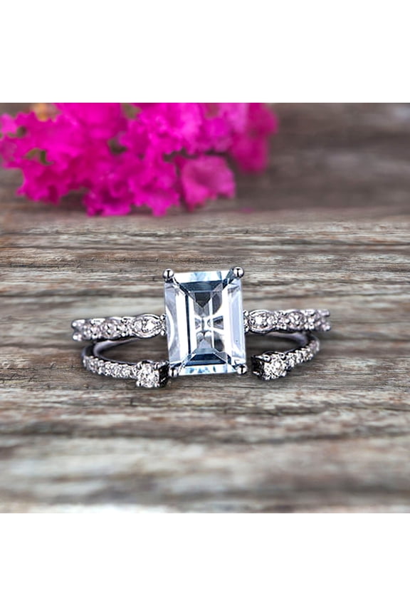 1.50 Carat Emerald Cut 10k White Gold Natural Aquamarine Engagement Ring Bridal Set