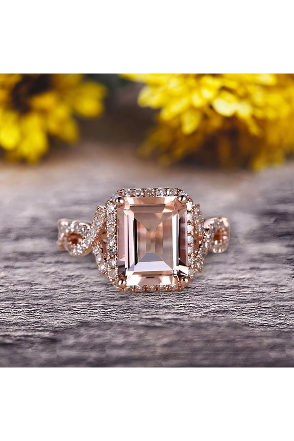 1.50 Carat Emerald Cut Pink Morganite Engagement Ring 10K Rose Gold Promise Ring For Bride Or Anniversary Gift Startling Jewelry Twisted Across Design Halo Art Deco