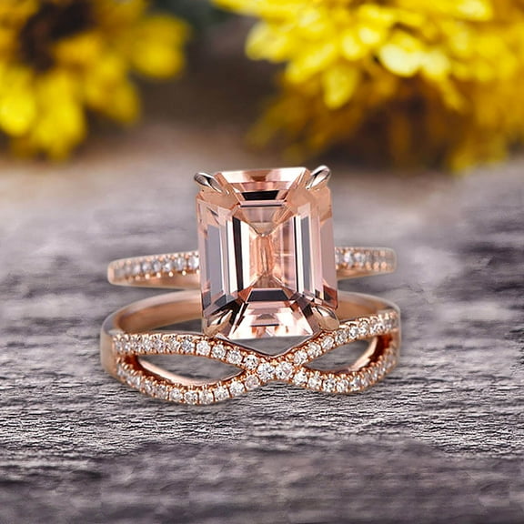 1.50 Carat Emerald Cut Pink Morganite Engagement Ring 10k Rose Gold Promise Ring for Bride or Anniversary Gift Startling Jewelry Twisted Across Matching Band