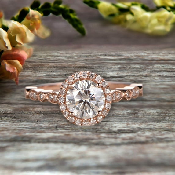 1.50 Carat Halo Moissanite Diamond Engagement Ring Classic Vintage Art Deco 10k Solid Rose Gold
