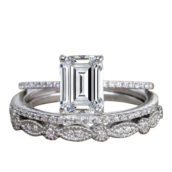 1.50 Carat Moissanite Diamond Trio Bridal Ring Set In Emerald Cut With 18K White Gold Plating, Promise Ring, Anniversary Ring