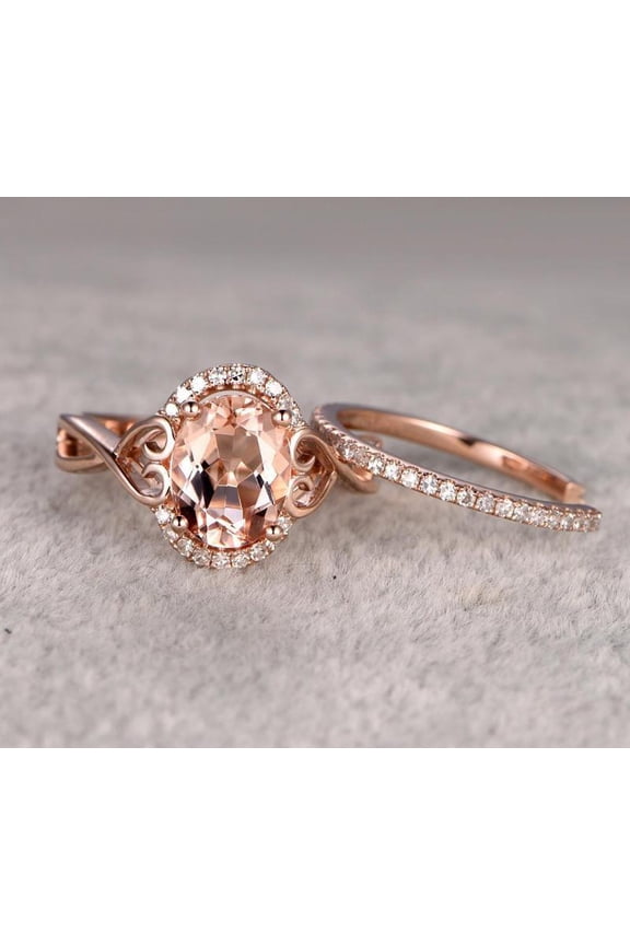 1.50 Carat Morganite And Diamond Moissanite Wedding Bridal Ring Set One Engagement Ring And Matching Band With 18K Rose Gold Plating, Promise Ring, Anniversary Ring