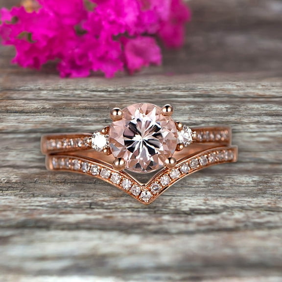 1.50 Carat Morganite Engagement Ring 10k Rose Gold Wedding Set Anniversary Ring Promise Ring Surprisingly Gift for her Curved V-Shape Matching Wedding Band