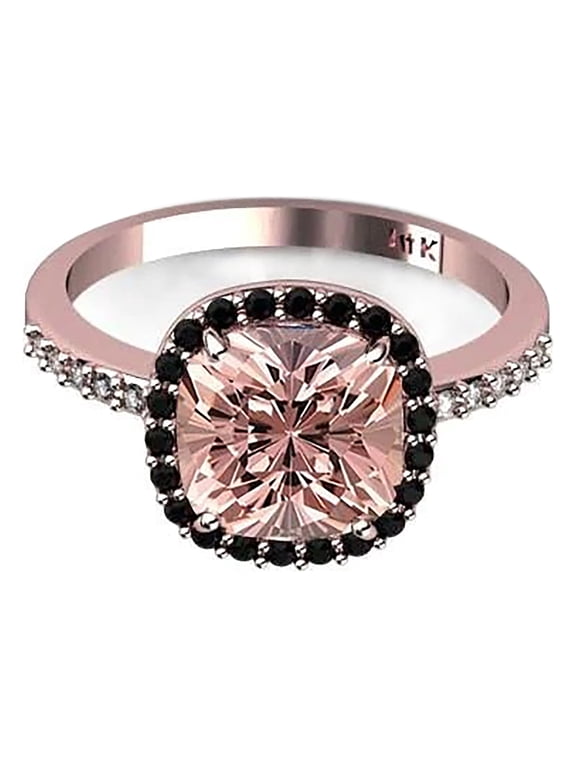 1.50 Carat Morganite Ring With Black Diamond Moissanite Halo Ring 925 Sterling Silver With 18k Rose Gold Plating