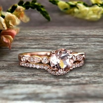 1.50 Carat Morganite Rose Gold Wedding Set Bridal Ring Art Deco Halo Stacking Matching Band Round Cut Gemstone Astonishing Looking Anniversary Gift