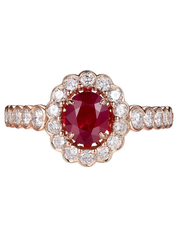 1.50 Carat Natural Oval Burma Red Ruby & Diamond 925 Sterling Silver Over 14k Rose Goldplated Engagement Wedding Bridal Gift Ring for Her