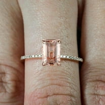 1.50 Carat Peach Pink Morganite (7x5mm Emerald Cut Morganite) and Diamond Moissanite Engagement Ring with 18k Gold Plating