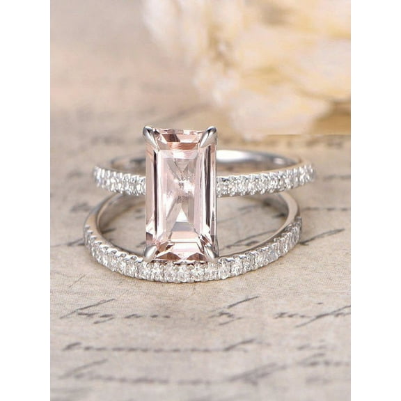 1.50 Carat Peach Pink Morganite (emerald cut Morganite) and Diamond Engagement Ring Wedding Bridal Set in 10k White Gold