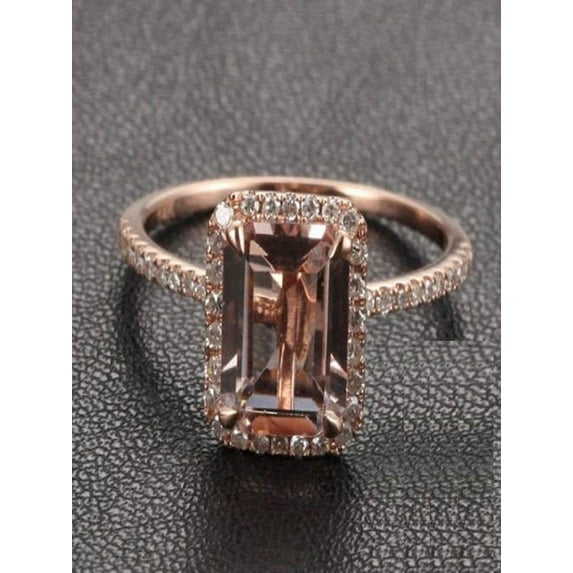 1.50 Carat Peach Pink Morganite (emerald cut Morganite) and Diamond Engagement Ring in 10k Rose Gold