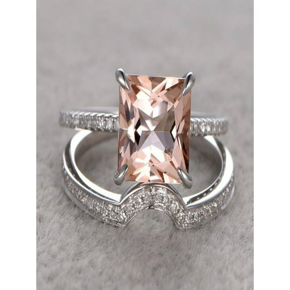 1.50 Carat Peach Pink Morganite (princess cut Morganite) Diamond Engagement Ring Wedding Bridal Set in 10k White Gold