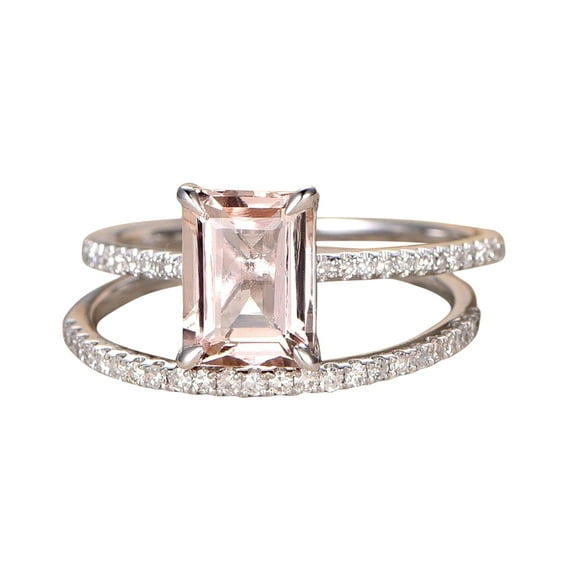 1.50 Carat Peach Pink Real Morganite (emerald cut Real Morganite) and Man made diamond moissanite Engagement Ring Wedding Bridal Set with 18k Gold Plating