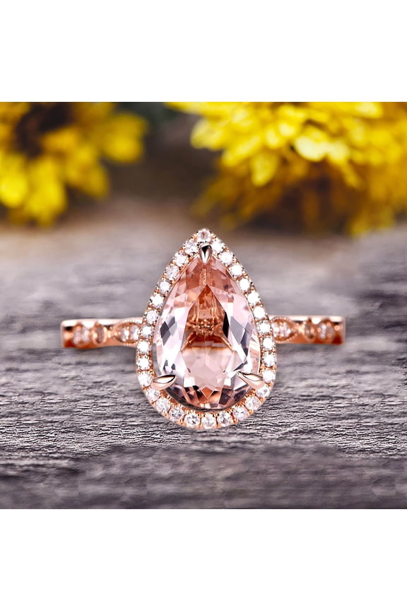 1.50 Carat Pear Shape Pink Morganite Engagement Ring Art Deco Wedding Ring 10k Rose gold Milgrain Anniversary Ring Halo Design