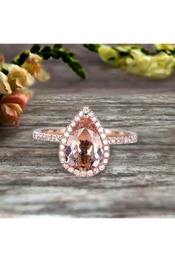 1.50 Carat Pear Shaped Morganite Engagement Ring On 10k Rose Gold Halo Teardrop Design Anniversary Gift Personalized for Brides