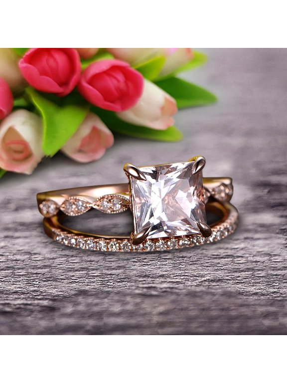 1.50 Carat Princess Cut Morganite 10k Rose Gold Wedding Set Engagement Ring Art Deco Stacking Matching Wedding Band