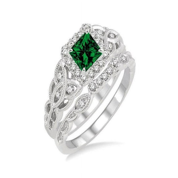 1.50 Carat Princess cut Emerald and Diamond Bridal Set in 14k White Gold affordable emerald and diamond engagement ring