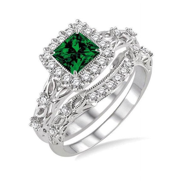 1.50 Carat Princess cut Emerald and Diamond Halo Bridal Set in 14k White Gold affordable emerald and diamond engagement ring