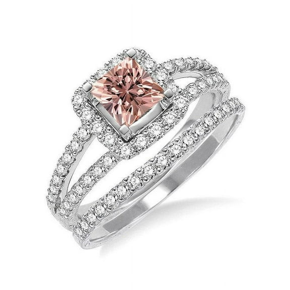 1.50 Carat Princess cut Morganite and Diamond Bridal Set in 14k White Gold affordable morganite and diamond engagement ring