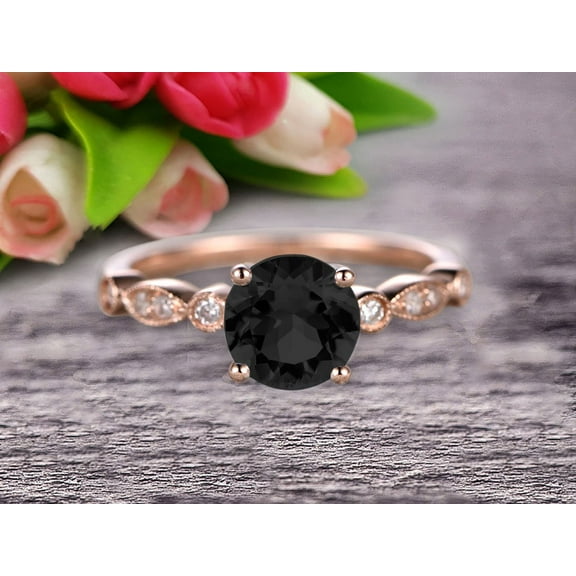 1.50 Carat Round Cut Black Diamond Moissanite Engagement Ring On 10k Rose Gold Art Deco Antique