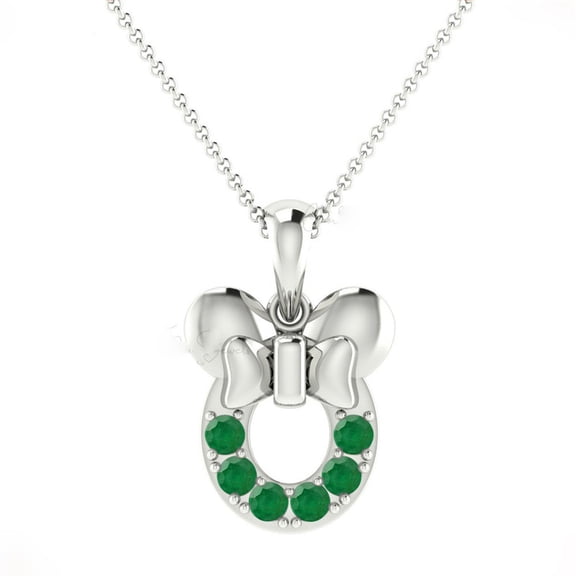 1.50 Carat Round Cut Green Emerald Gemstone Unique Designed Pendant for Women Solid 18K White Gold With 18 inches Chain