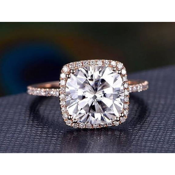 1.50 Carat Round Cut Halo Moissanite Diamond Wedding Ring In 10K Rose Gold, Promise Ring, Anniversary Ring