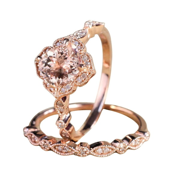 1.50 Carat Round Cut Real Morganite And Diamond Moissanite Halo Bridal Wedding Ring Set With 18K Rose Gold Plating