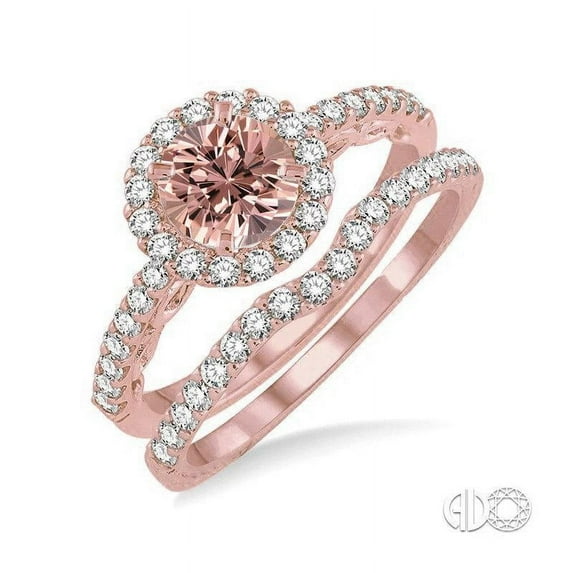 1.50 Carat Round Morganite and Diamond Halo Bridal Ring Set in 14k Rose Gold affordable morganite and diamond engagement ring