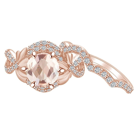 AFFY 1.50 Carat Round Shape Simulated Morganite & Diamond Engagement Ring Set 14K Solid Rose Gold Ring Size-8.5