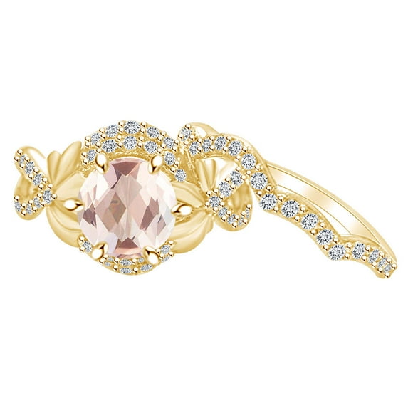 AFFY 1.50 Carat Round Shape Simulated Morganite & Diamond Engagement Ring Set 14K Solid Yellow Gold Ring Size-7