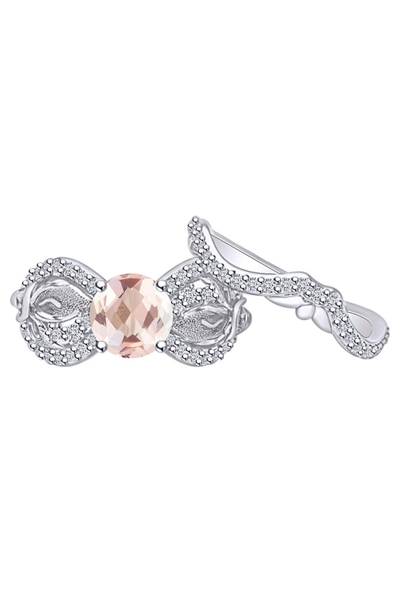 1.50 Carat Round Simulated Morganite & Natural Diamond Lily Flower Engagement Ring 14K Solid White Gold Ring Size-10