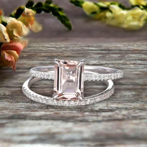 1.50 Carat Surprisingly Morganite Engagement Ring On 10k White Gold Bridal Set Emerald Cut Thin Pave Stacking Band Art Deco