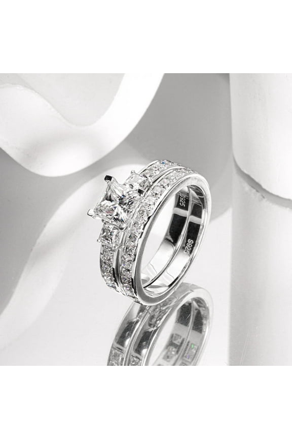 1.50 Carat Total Main Ring Princess Cut Moissanite Wedding Bridal Set - Channel Set Three Stone Ring - 18k White Gold Plated 925 Sterling Silver Handmade Ring