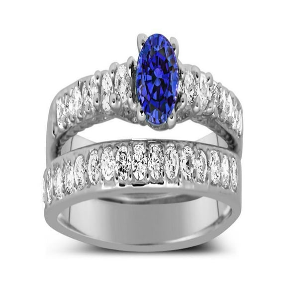 1.50 Carat Vintage Round cut Blue Sapphire and Diamond Wedding Ring Set in White Gold