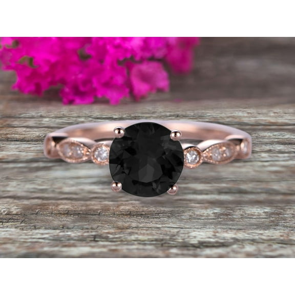 1.50 Carat Wedding Ring Black Diamond Moissanite Engagement Ring Round Cut Art Deco 10k Rose Gold Anniversary Gift Personalized for Brides