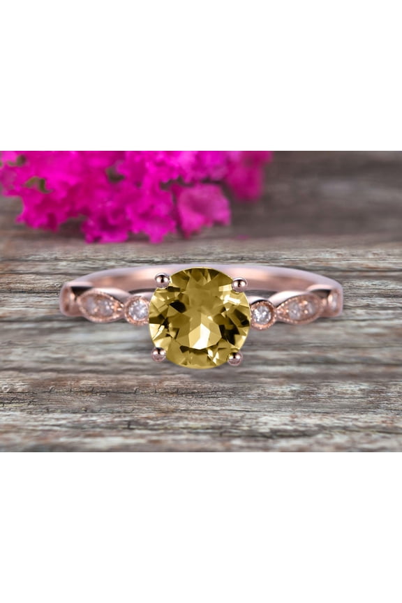 1.50 Carat Wedding Ring Champagne Diamond Moissanite Engagement Ring 6mm Round Cut Art Deco 10k Rose Gold Anniversary Gift Personalized for Brides