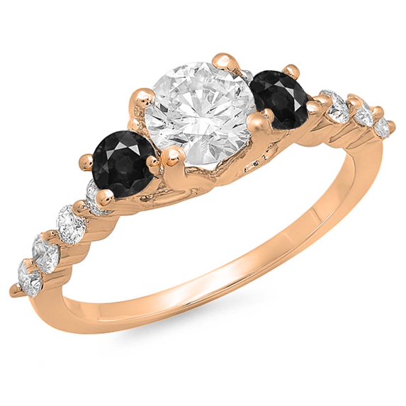 1.50 Carat (ctw) 10K Rose Gold Round Black & White Diamond Ladies Bridal 3 Stone Engagement Ring 1 1/2 CT