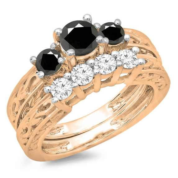 1.50 Carat (ctw) 10K Rose Gold Round Cut Black & White Diamond Ladies Vintage 3 Stone Bridal Engagement Ring With Matchi