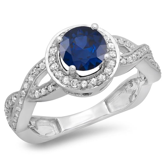 1.50 Carat (ctw) 10K White Gold Round White Diamond & Blue Sapphire Ladies Bridal Split Shank Halo Engagement Ring 1 1/2