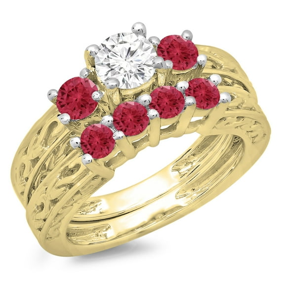 1.50 Carat (ctw) 10K Yellow Gold Round Cut Red Ruby & White Diamond Ladies Vintage 3 Stone Bridal Engagement Ring With M