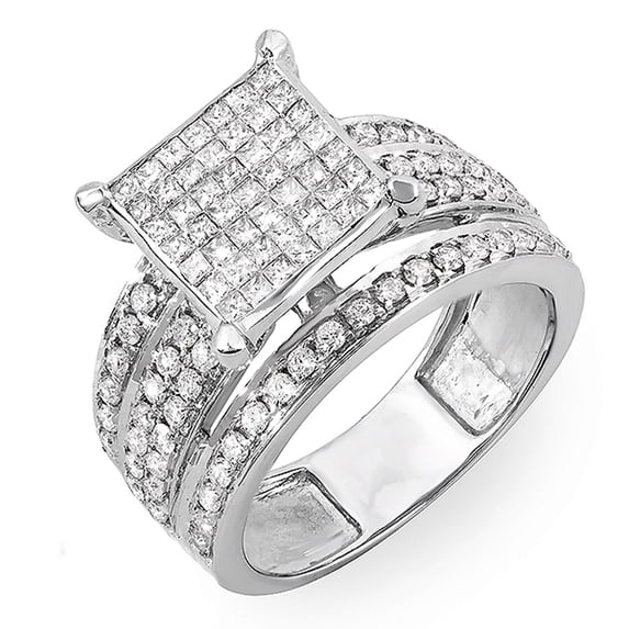 1.50 Carat (ctw) 14K White Gold Princess & Round Diamond Ladies Cocktail Engagement Bridal Ring 1 1/2 CT